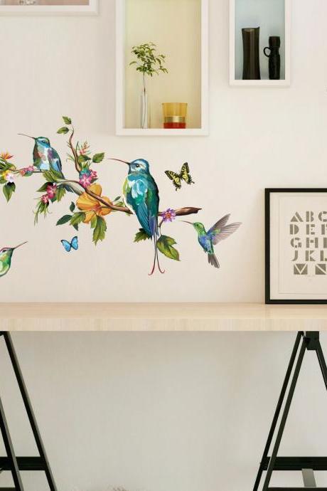 Colorful Butterfly Branch Bird Wall Sticker - Colorful Decor - Natural Planting Vinyl Home Decor - Peel And Stick Wall Sticker
