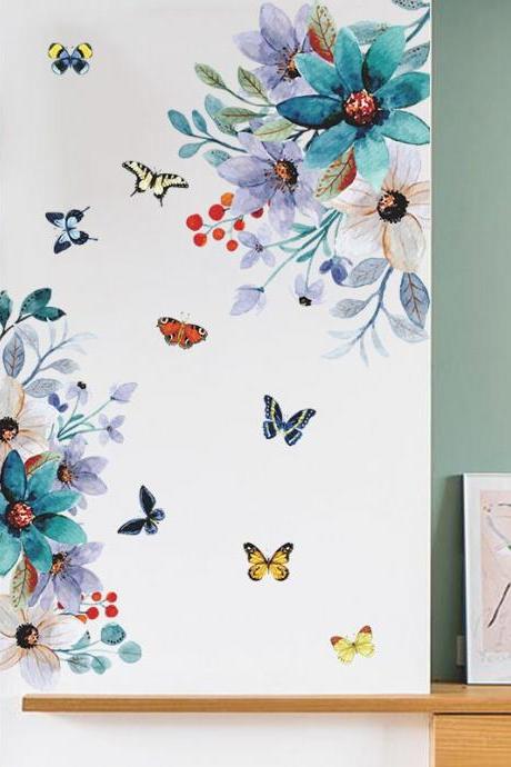 Colorful Flower Butterfly Wall Sticker - Floral Blossom Decor - Natural Planting Vinyl Home Decor - Peel And Stick Wall Sticker