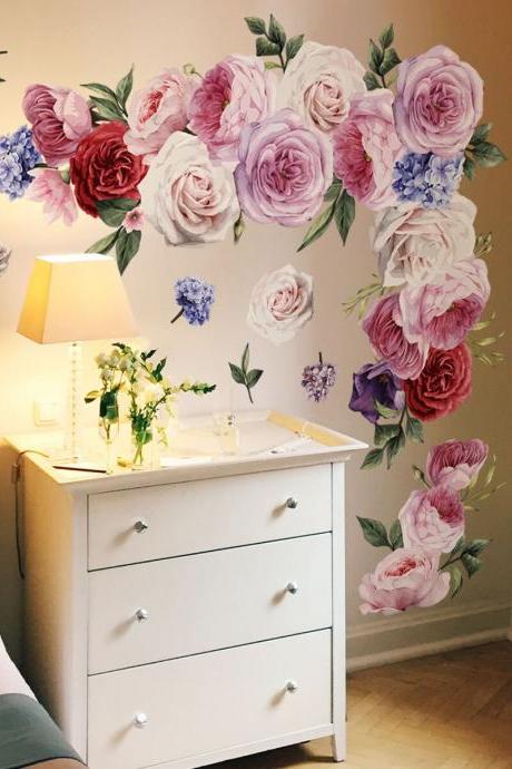 Large Pink Floral Wall Sticker - Floral Blossom Decor - Natural Planting Vinyl Home Decor - Peel And Stick Wall Sticker