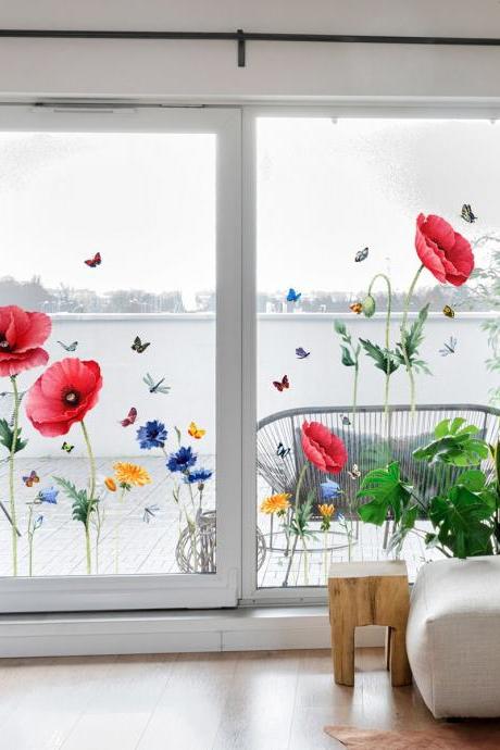 Red Poppy Flower Butterfly Wall Sticker, Double Sided Visible Decorative Wall Sticker For Window Glass, Peel And Stick Wall Sticker