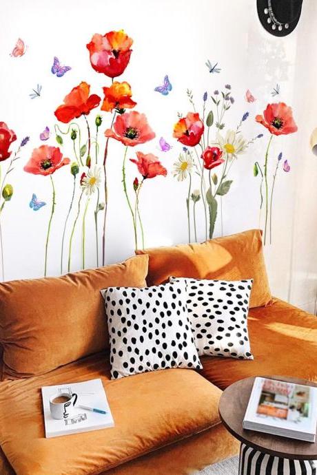Colorful Flowers Plant Butterfly Wall Sticker - Colorful Decoration - Natural Planting Vinyl Home Decor - Peel And Stick Wall Sticker