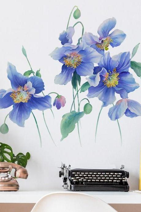 Blue Watercolor Flowers Wall Sticker - Flowers Decoration - Natural Planting Vinyl Home Decor - Peel And Stick Wall Sticker