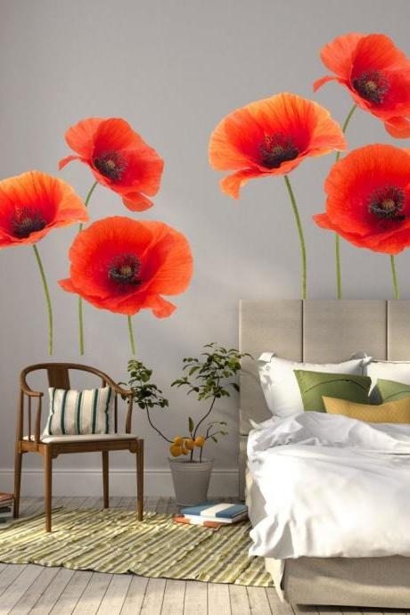Poppies Wall Sticker - Red Poppies Living Room Decor - Natural Planting Vinyl Home Decor - Peel And Stick Wall Stickers(6 Flowers)