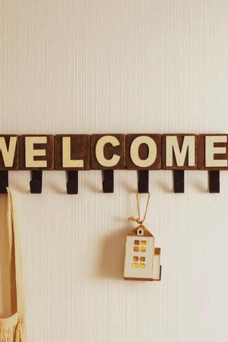 Welcome Letters Living Room Wall Hook,brown Clothes Hanging,creative Hook,entryway Hooks,bedroom Wall Rack, Room Decoration,wood Hanger