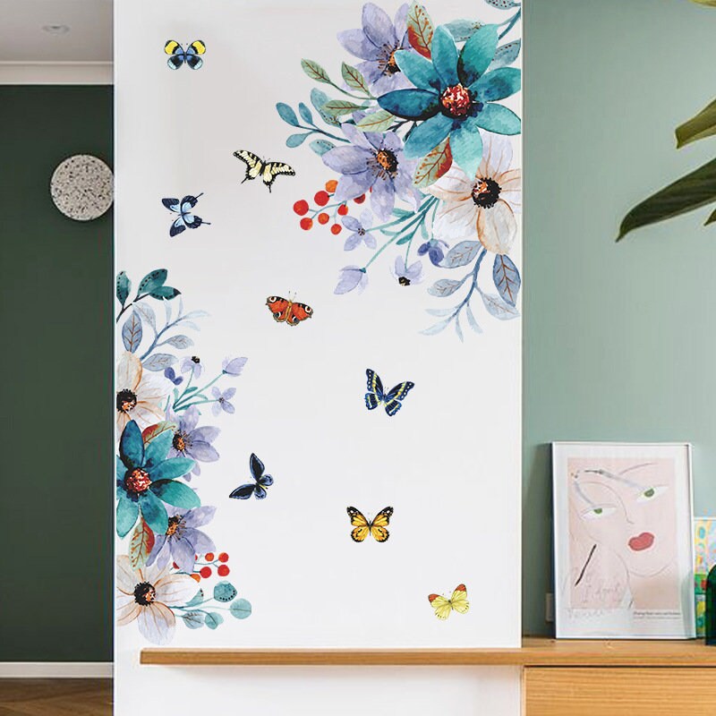 Colorful Flower Butterfly Wall Sticker - Floral Blossom Decor - Natural ...